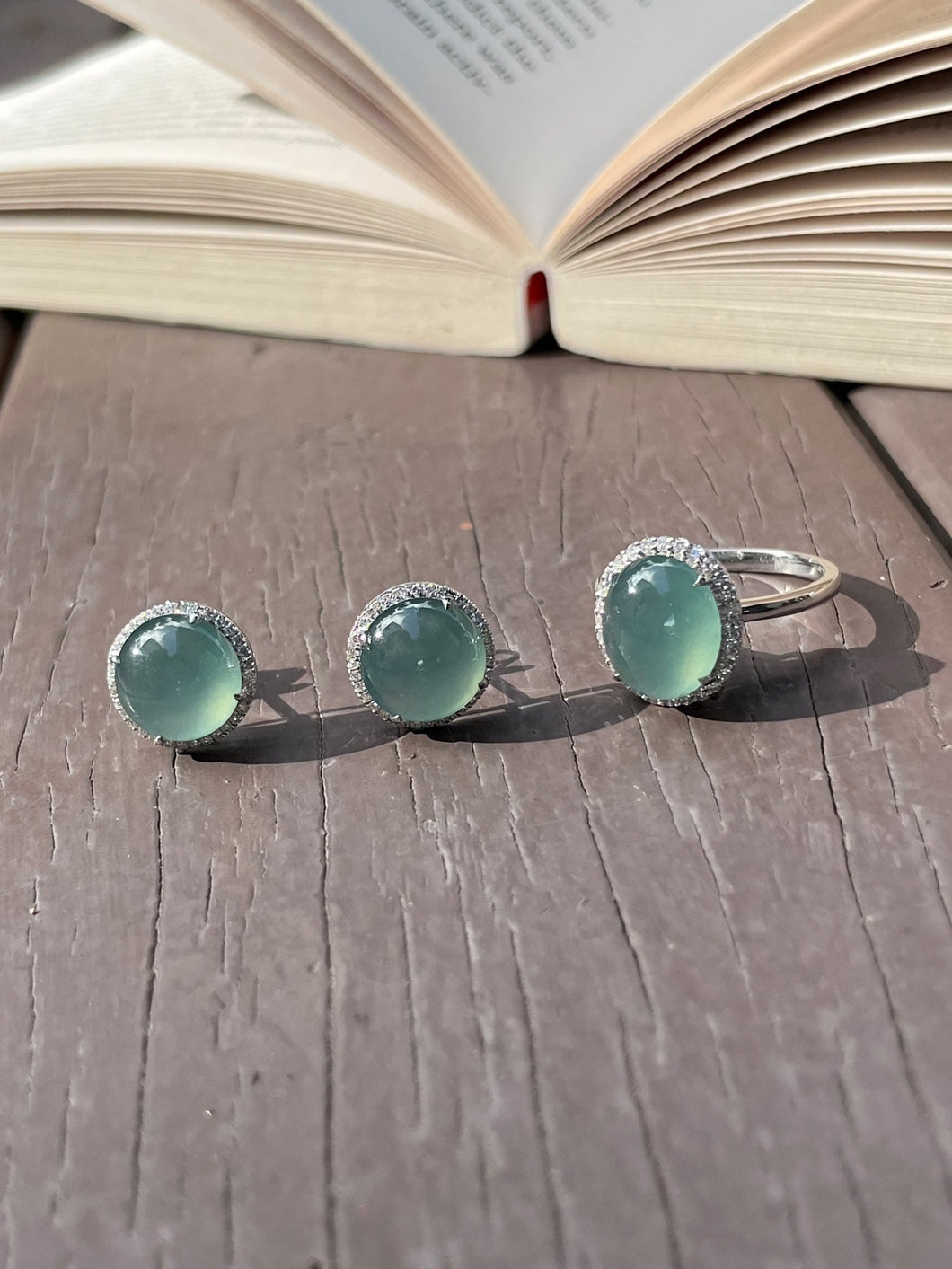 Icy Bluish-green Jadeite Cabochon Ring + Earrings (NJS001)