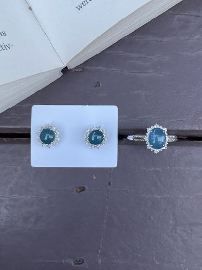 Blue Jadeite Cabochon Ring + Earrings (NJS002)