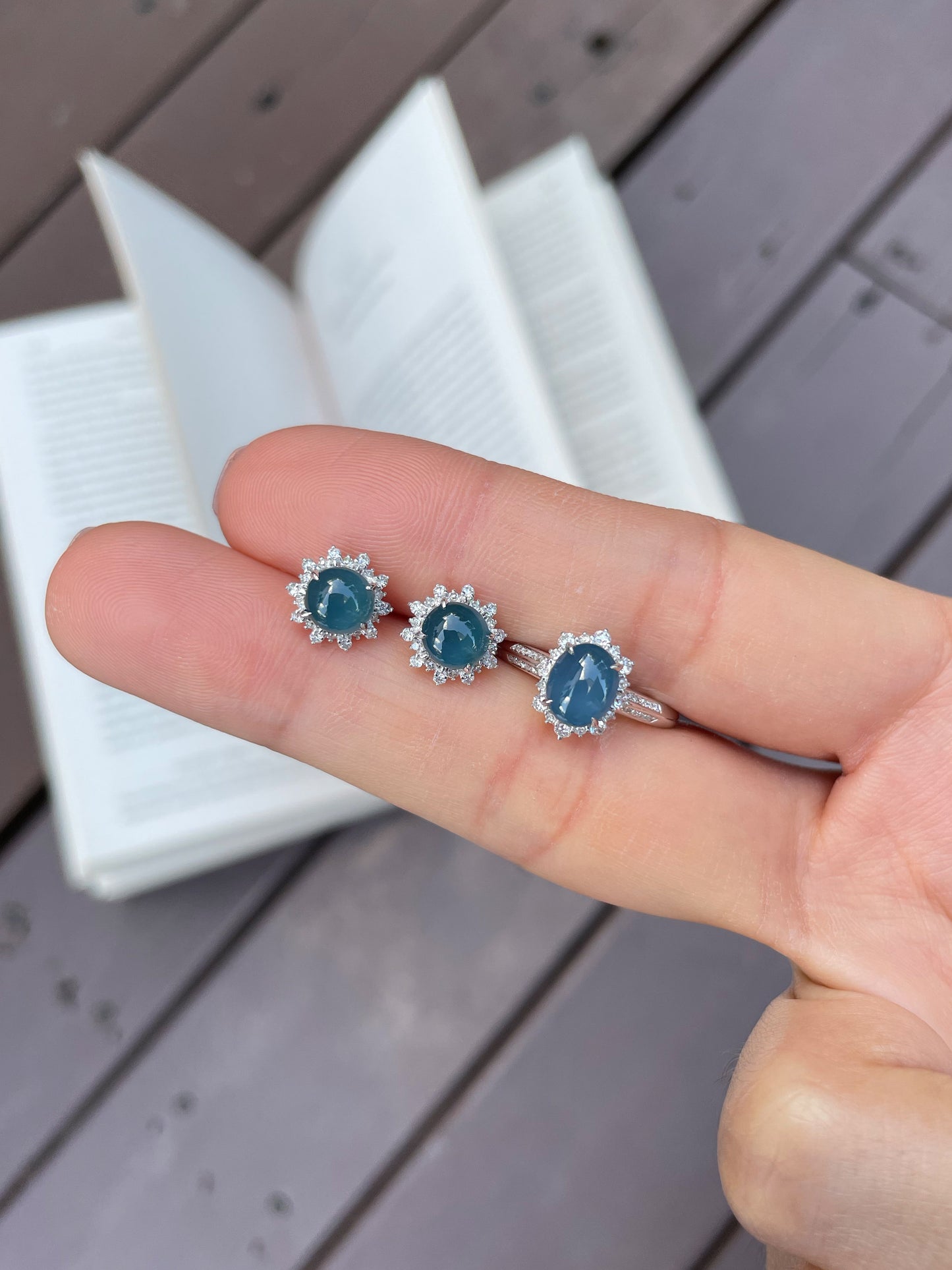 Blue Jadeite Cabochon Ring + Earrings (NJS002)