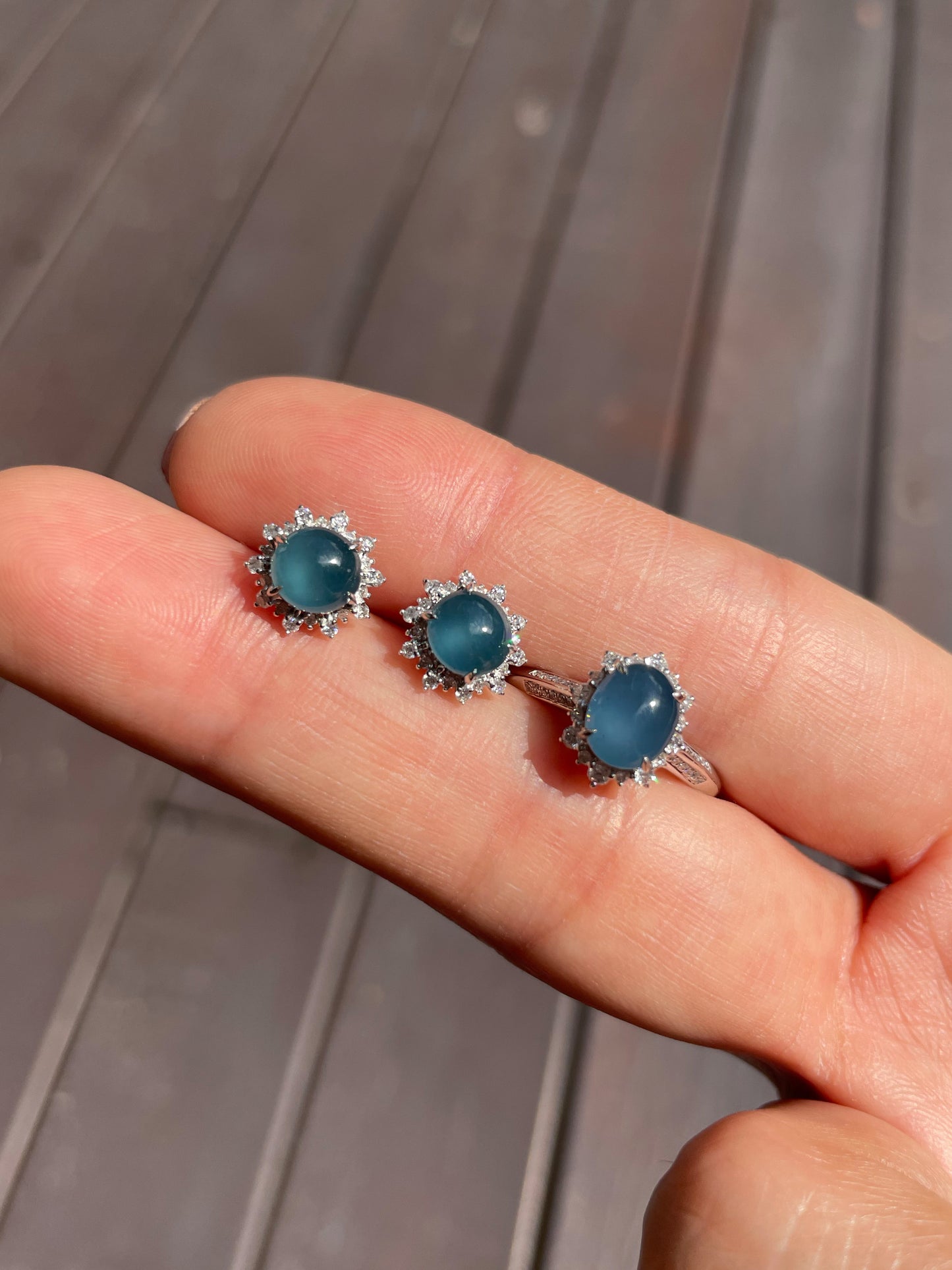 Blue Jadeite Cabochon Ring + Earrings (NJS002)