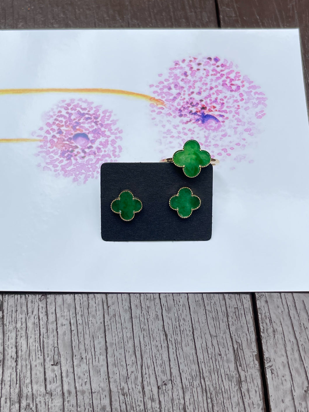 Green Clover Jadeite Ring & Earrings (NJS009)