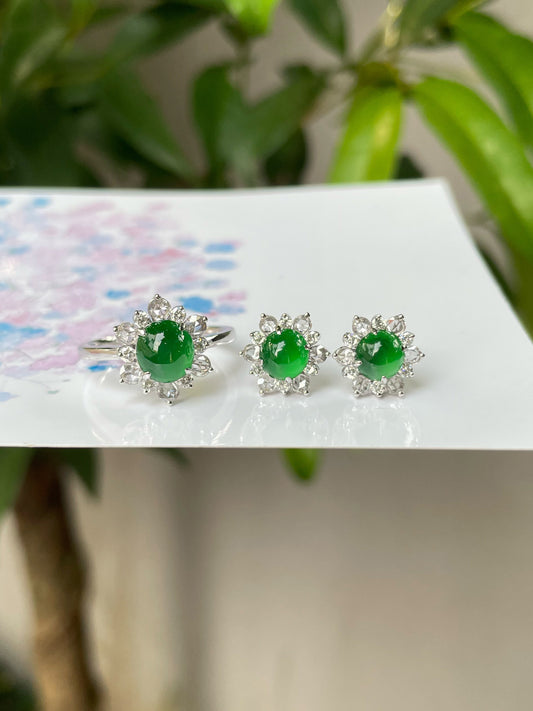 Green Jadeite Cabochons Set - Ring & Earrings (NJS010)