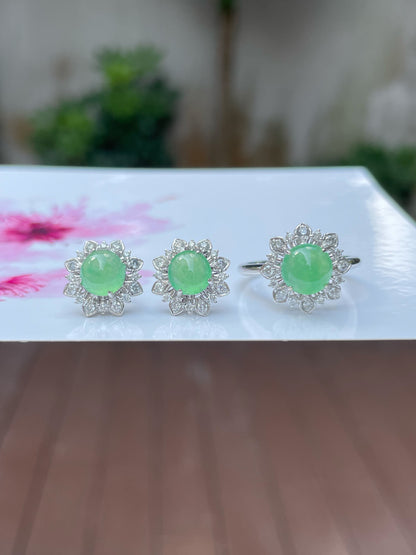 Icy Light Green Jadeite Cabochons Set - Ring & Earrings (NJS011)