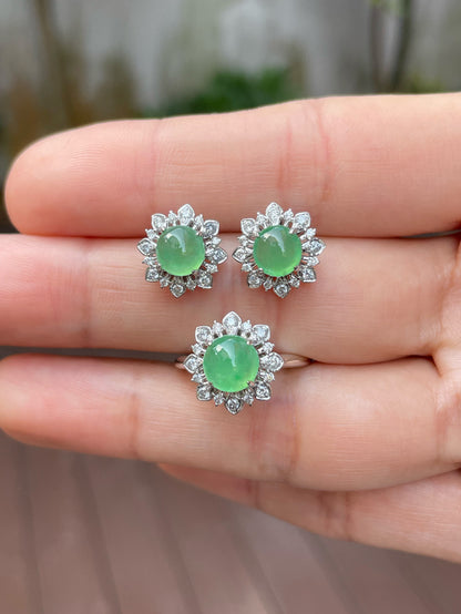 Icy Light Green Jadeite Cabochons Set - Ring & Earrings (NJS011)