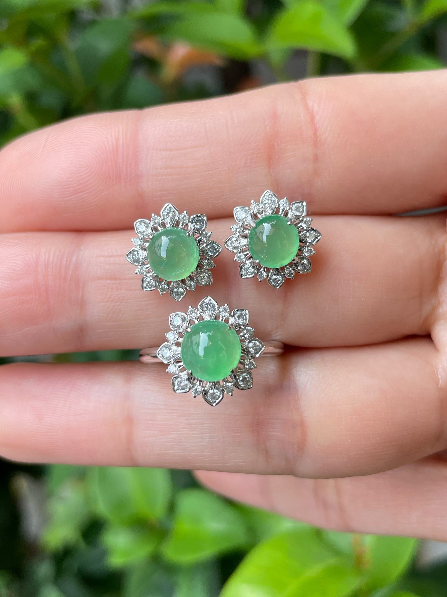 Icy Light Green Jadeite Cabochons Set - Ring & Earrings (NJS011)