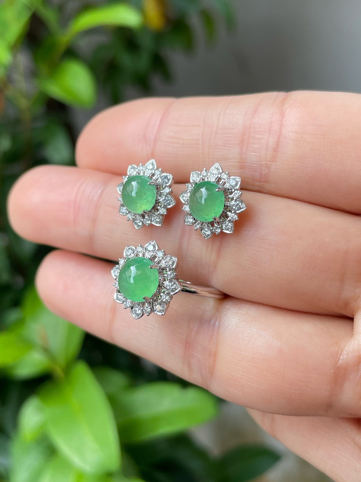 Icy Light Green Jadeite Cabochons Set - Ring & Earrings (NJS011)